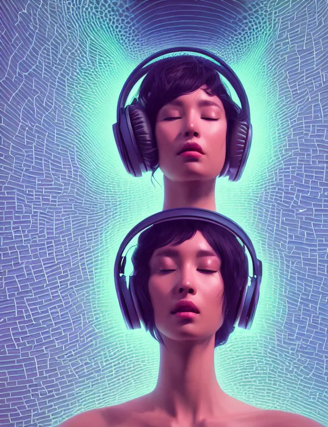 Image similar to 3 d goddess of music and 🔊 wide angle portrait with musical notes, headphones, subwoofers, and speakers. music, wave frequencies, cymatics. auditory symbiogenesis, synaesthesia, polyphonic communication, sonic projection, artwork by tooth wu and android jones wlop and android jones and beeple and greg rutkowski