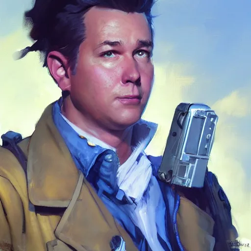 Image similar to greg manchess portrait painting of partially armored ghostbuster peter venkman overwatch character, medium shot, asymmetrical, profile picture, organic painting, sunny day, matte painting, bold shapes, hard edges, street art, trending on artstation, by huang guangjian and gil elvgren and sachin teng