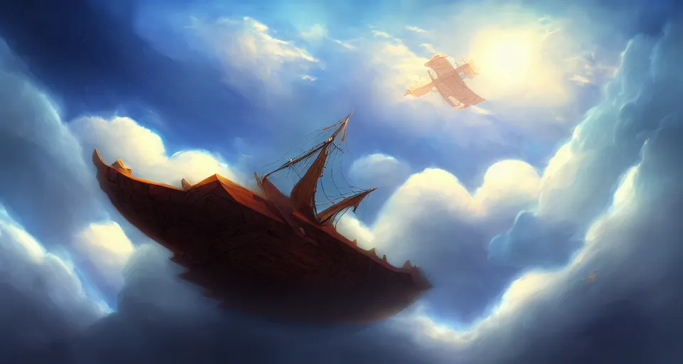 Prompt: a large wooden fantasy ship flying through the clouds with blue sky, andreas rocha style