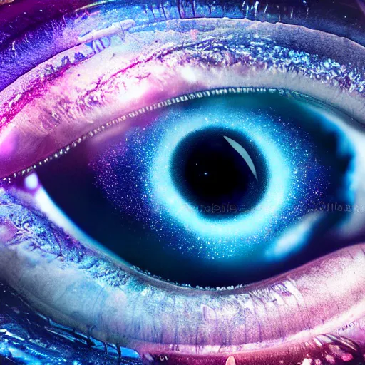 Prompt: galaxy and nebula and space inside of hyper realistic human eye, highly detailed, beautiful, intricate, colour, 4 k hd octane render,