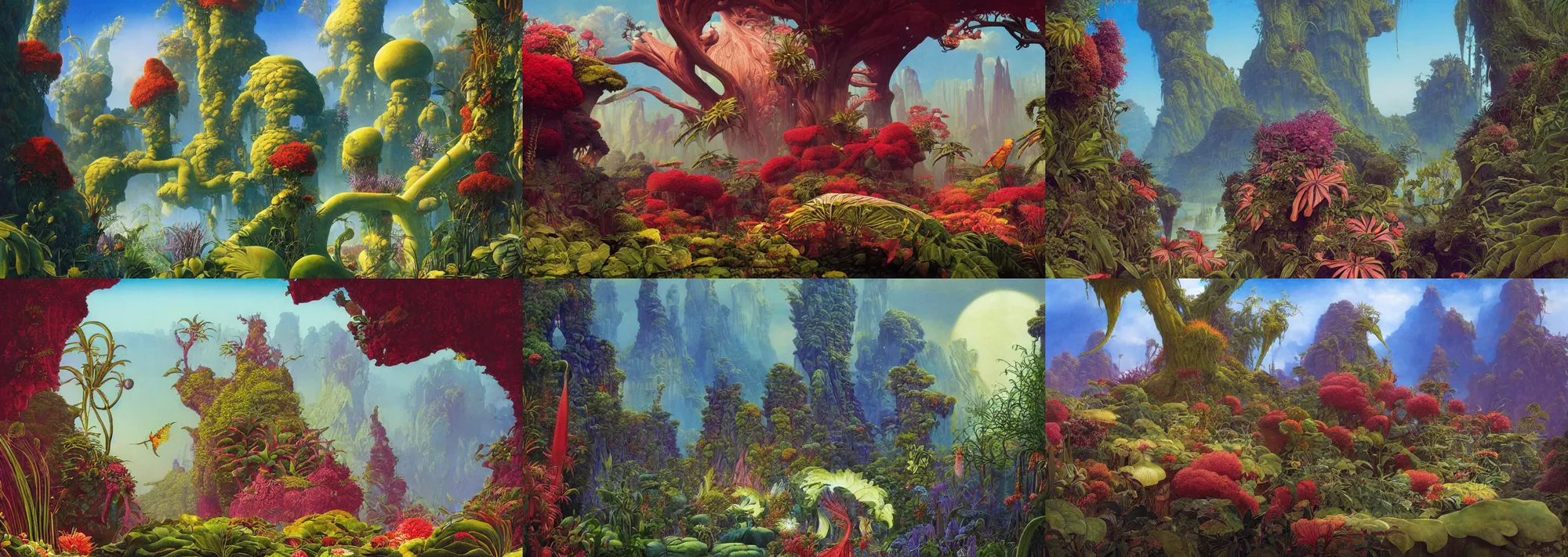 Prompt: beautiful rendering of exotic plants by daniel merriam and karol bak and martin johnson heade, xenoplanet by roger dean and moebius, mantra rendering, matte painting, high detailed, 4 k, trending on artstation