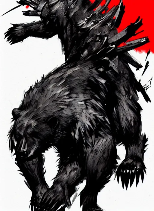 Prompt: Full body portrait of horned black bear with sharp claws and red eyes. In style of Yoji Shinkawa and Hyung-tae Kim, trending on ArtStation, dark fantasy, great composition, concept art, highly detailed.