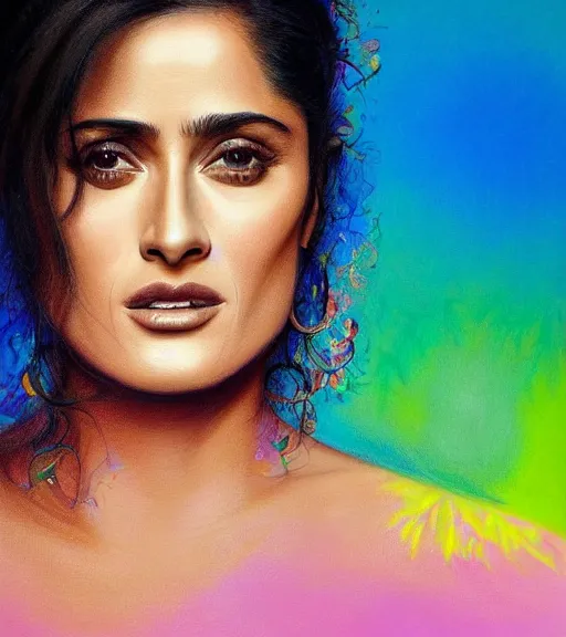 Prompt: beautiful painting of salma hayek, contemporary, colorful acrylic, airbrush painting, realistic portrait by kehinde wiley and archan nair, colored pencil sketch, hyperrealism, pastel chalk, oilpastels