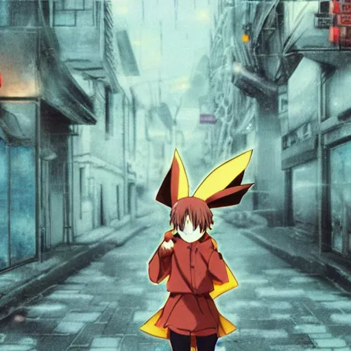 Image similar to screenshot from an anime about eevee wearing wizard robes and wandering an empty street alone, anime, 8 0 s, vhs, vhs effects, art by yuji ikehata