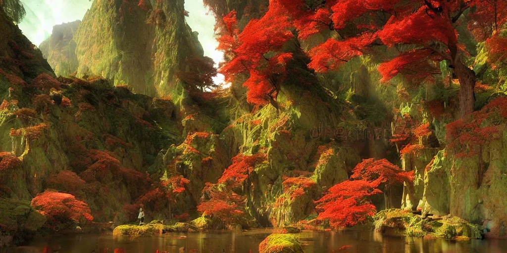 Image similar to beautiful landscape forests mountains rivers red and green leaves many layers waterfalls villages castles, buildings artstation illustration sharp focus sunlit vista painted by ruan jia raymond swanland lawrence alma tadema zdzislaw beksinski norman rockwell tom lovell alex malveda greg staples
