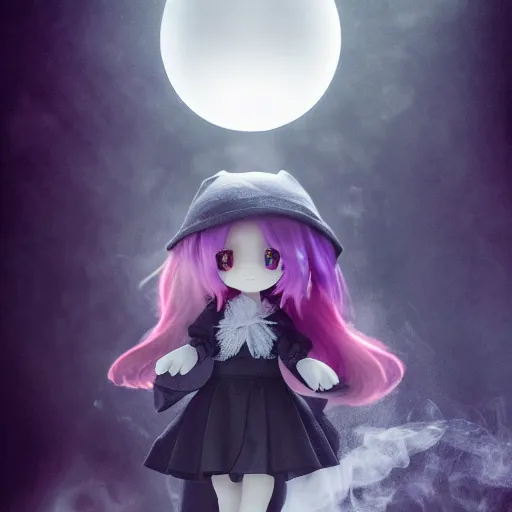 Prompt: cute fumo plush girl gazing into a crystal ball swirling with strange energy, black and white gothic horror, smoke and volumetric fog, witch girl, soothsayer, lens flare glow, chibi anime, vray