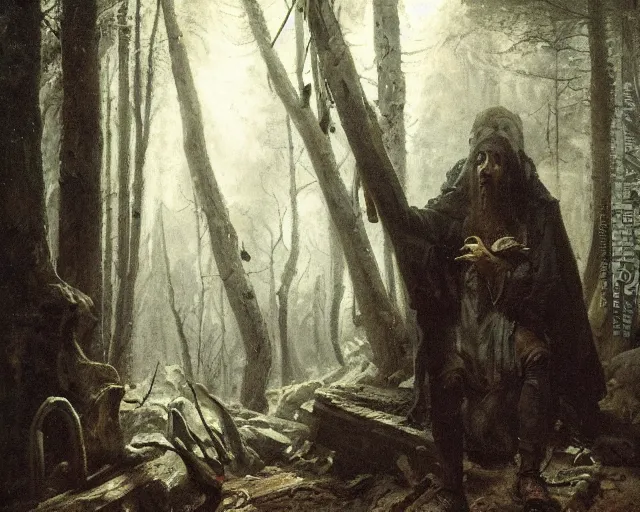 Image similar to portrait of a lovecraftian cultist next to an occult altar in a forest by andreas achenbach