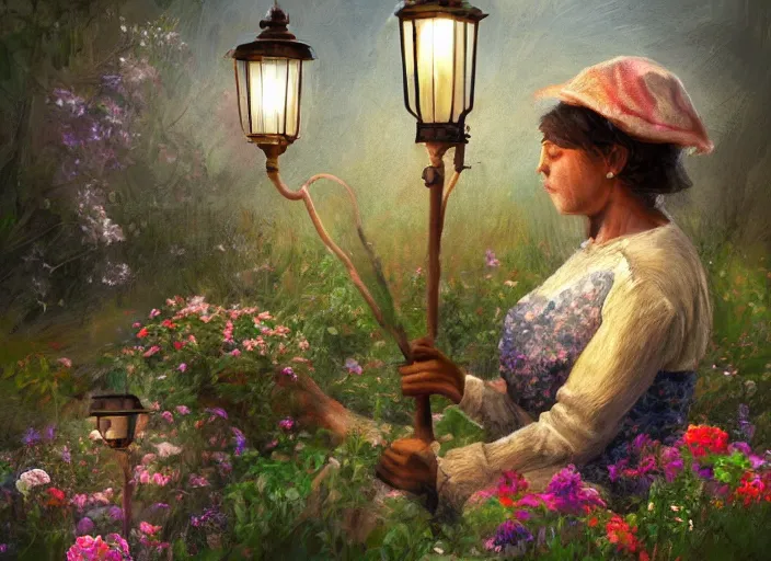 Image similar to a woman with a miner ’ s lamp on her head tending her garden at midnight, digital art, cgsociety, night like colours, garden full of flowers