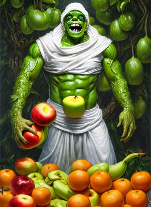 Image similar to full body shot of a monster man in a white toga, green skin, dressed in all white, clothes covered in different fruit, apples, oranges, bananas, intricate, highly detailed, concept art, hyperrealistic, oil painting by greg staples and tristan eaton, 8 k