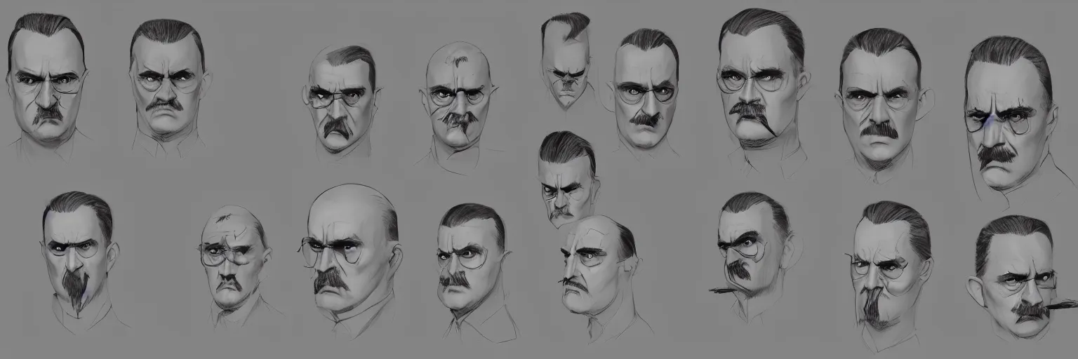 Prompt: character study of mike patton and hitler face, male, glasses, evil, scary man, character sheet, fine details, concept design, contrast, kim jung gi, greg rutkowski and francis bacon, trending on artstation, 8 k, full body and head, turnaround, front view, back view, ultra wide angle