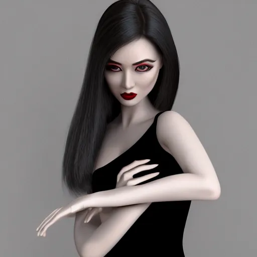 Image similar to complex 3 d render, ultra detailed, realistic photo of a beautiful porcelain skin woman, oval shape face, black long hair, wearing black dress, detailed almond eyes shape, red lipstick, plump lips, beautiful, studio photo, proportional, the grand sala thai on the background