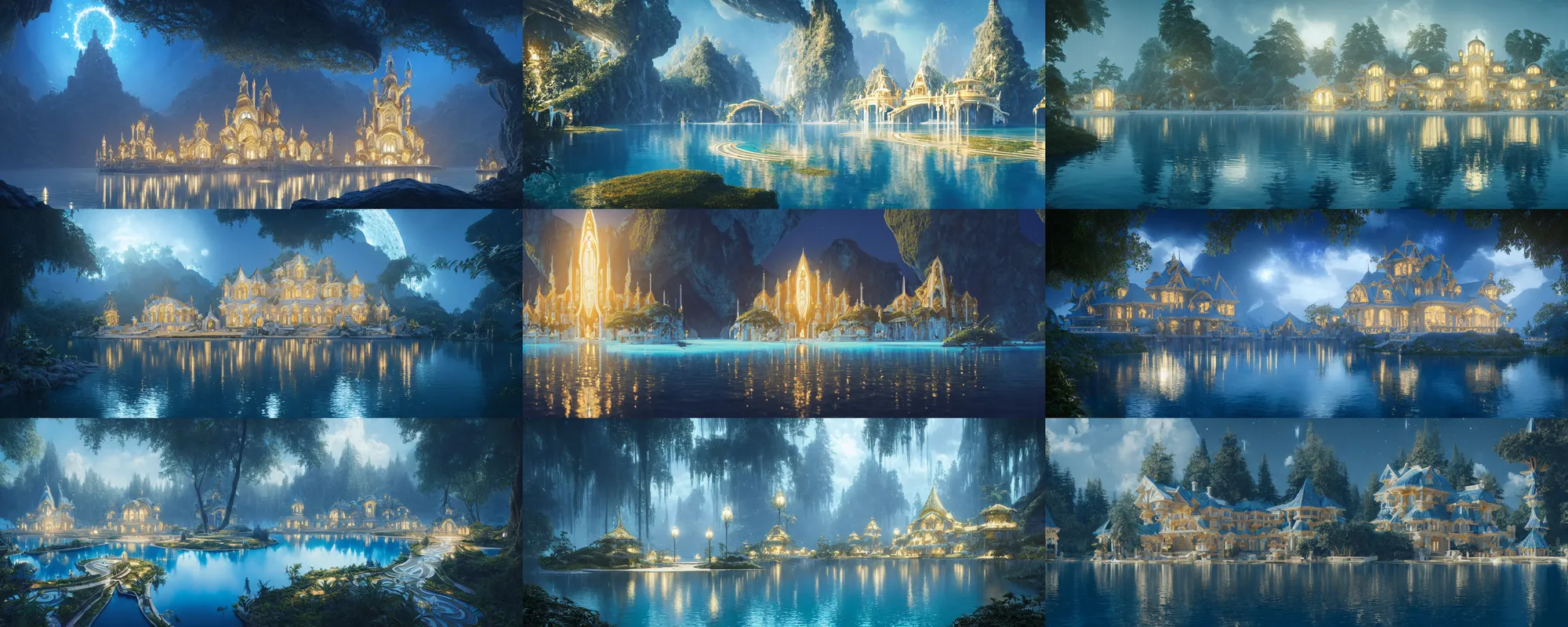 Image similar to a gorgeous symmetrical paradise palace, starlit, lakes, fantasy, fairy tale, artstation, matte painting, artstation, octane render, caleb worcester, samuel beal. ultra clear detailed. white, deep blue and light gold color scheme.