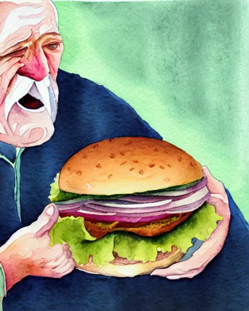 Image similar to watercolor picture of an old man eating hamburger, low key