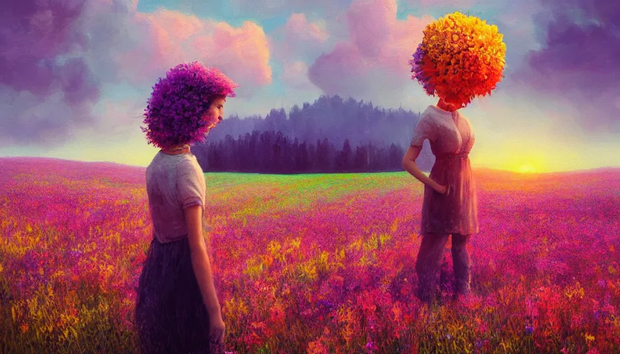 Image similar to girl with a giant flower face, surreal photography, dream, standing in flower field, hills, big trees, sunrise dramatic light, impressionist painting, colorful clouds, digital painting, pointillism, artstation, simon stalenhag, flower face