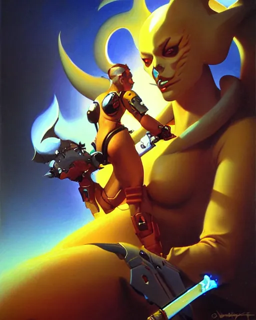 Image similar to junkray from overwatch, fantasy art, sci - fi art, radiant light, caustics, by boris vallejo