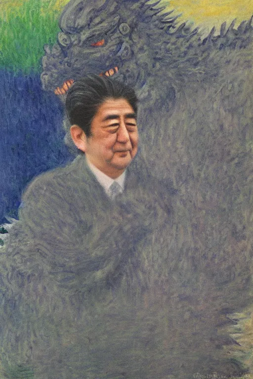 Prompt: shinzo abe with body of Godzilla painting by claude monet