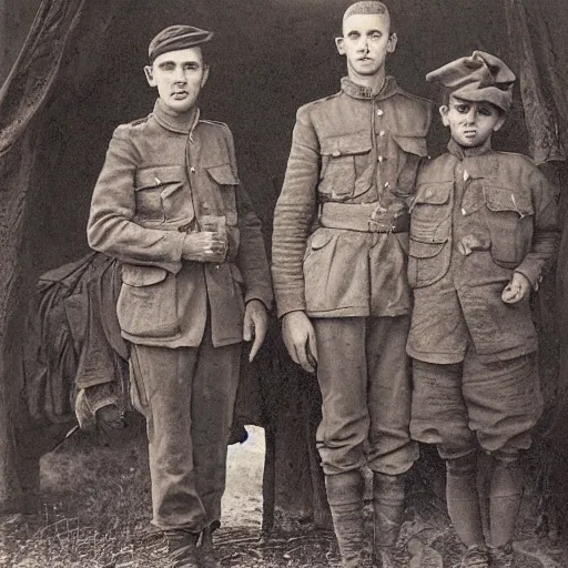 Prompt: a detailed photorealistic sepia - toned photo of a 1 9 1 7 clean - shaven british lieutenant and soldiers standing with a bedouin trader and a young arab boy, ultra realistic, painted, intricate details, lovecraft, atmospheric, dark, horror, brooding, highly detailed, by clyde caldwell