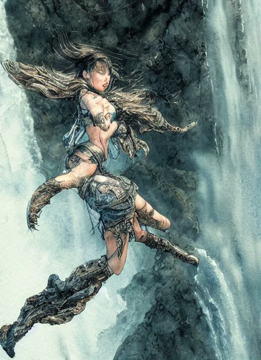 Image similar to portrait, of a flying girl over waterfall, watercolor, dramatic lighting, cinematic, establishing shot, extremely high detail, foto realistic, cinematic lighting, pen and ink, intricate line drawings, by Yoshitaka Amano, Ruan Jia, Kentaro Miura, Artgerm, post processed, concept art, artstation, matte painting, style by eddie mendoza, raphael lacoste, alex ross