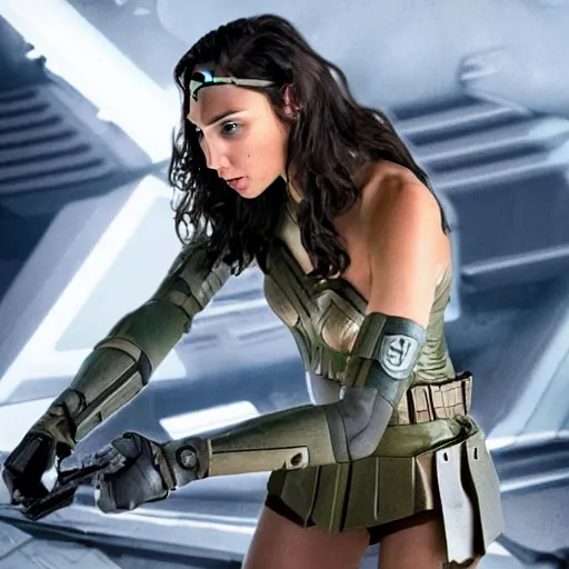 Image similar to gal gadot as a futuristic soldier in a future battleground