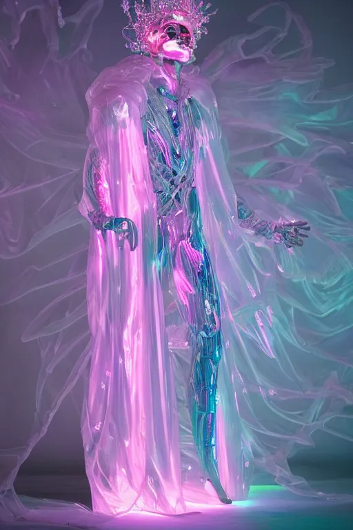 Prompt: full-body rococo and cyberpunk delicate crystalline sculpture of a muscular iridescent slender Latino male as a humanoid deity wearing a thin see-through plastic hooded cloak sim roupa, posing like a superhero, glowing pink face, crown of white lasers, large diamonds, swirling black silk fabric. futuristic elements. oozing glowing liquid, full-length view. space robots. human skulls. throne made of bones, intricate artwork by caravaggio. Trending on artstation, octane render, cinematic lighting from the right, hyper realism, octane render, 8k, depth of field, 3D