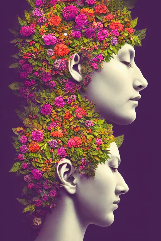 Image similar to a womans face in profile, made of flowers and leaves, hyperrealistic still life portrait of a mind exploding inside of a serene temple, beautiful plans, sacred geometry, light refracting through prisms in a tesseract, fine art with subtle redshift rendering, by carvaggio