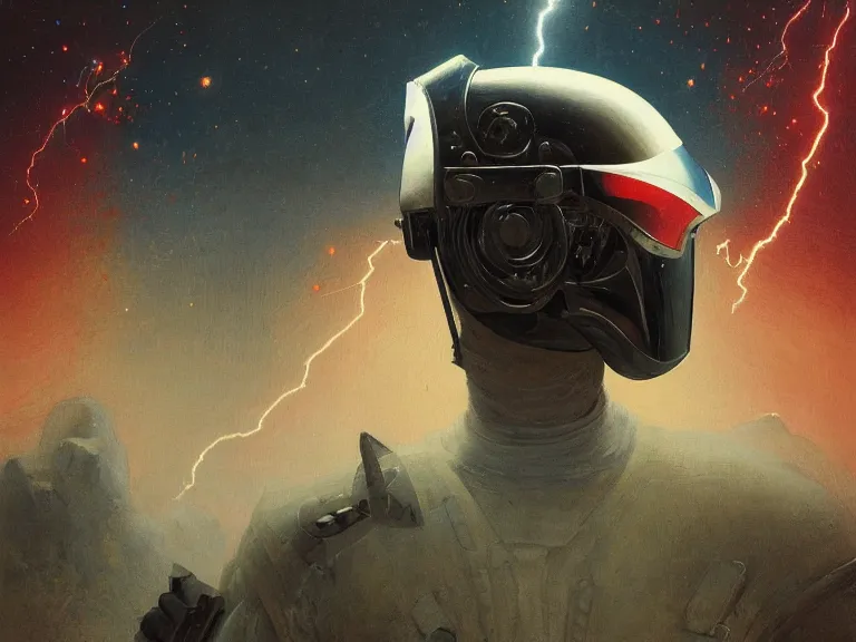 Image similar to a detailed profile oil painting of a bounty hunter in armour and visor, cinematic sci-fi poster. technology flight suit, portrait symmetrical and science fiction theme with lightning, aurora lighting clouds and stars. Clean and minimal design by beksinski carl spitzweg and tuomas korpi. baroque elements. baroque element. intricate artwork by caravaggio. Trending on artstation. 8k