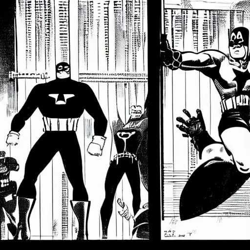 Prompt: comic book pane of Captain America arresting Batman, silver age of comics, Jack kirby illustration