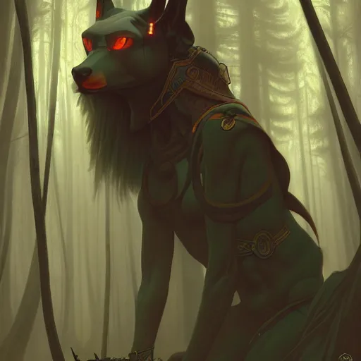 Prompt: long shot photo of anubis in the foggy forest, foggy bottom, highly detailed, digital painting, artstation, smooth, sharp focus, illustration, art by artgerm and greg rutkowski and alphonse mucha