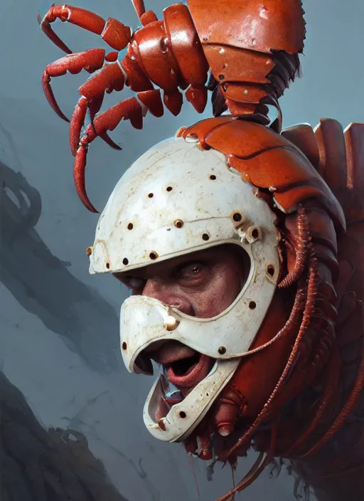 Image similar to subsurface scattering, white, lobster, centurion with face mask and plume, by jesper ejsing, justin gerard, tomasz alen kopera, cgsociety and fenghua zhong, highly detailed, rim light, cinematic lighting, illustration, art, octane render, very coherent, cinematic, hyper realism, high detail, octane render, 8 k