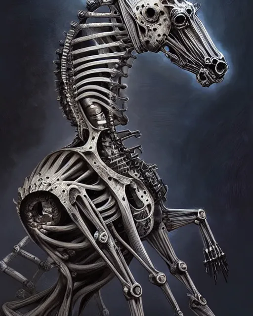 Prompt: fractal horse by giger, partially skeleton, partially robot, deep focus, d & d, dark fantasy, intricate glow accents, elegant, highly detailed, digital painting, artstation, concept art, matte, sharp focus, 8 k 3 d, hearthstone, art by artgerm and greg rutkowski and alphonse mucha