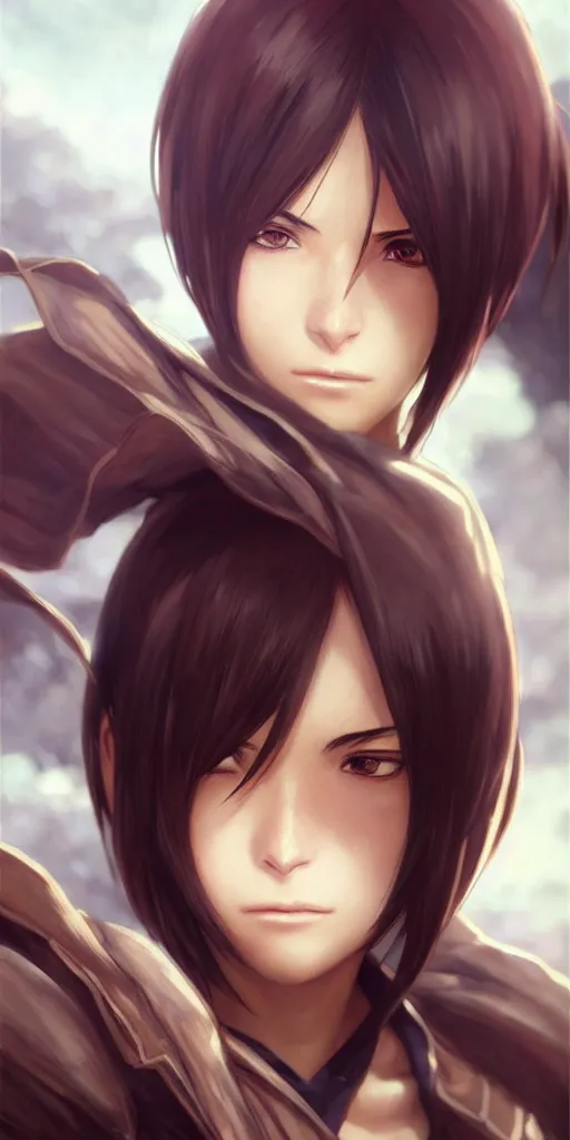 Image similar to mikasa ackerman, hero pose, medium shot, bokeh, beautiful face!!!!, 2 7 years old, cg animation, lifelike, animated, realistic, character select portrait, by artgerm, greg rutkowski, alphonse mucha, 3 d