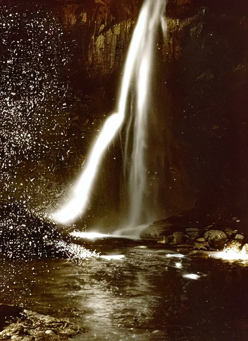 Image similar to a 2 8 mm macro kodachrome photo of a waterfall made of glowing glitter stardust and sparks, flowing into the river in the valley in yosemite national park in the 1 9 5 0's, seen from a distance, bokeh, canon 5 0 mm, cinematic lighting, film, photography, moonlight, long exposure, depth of field, award - winning