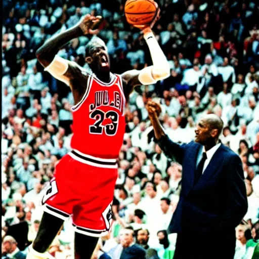 Image similar to jfk dunking on michael jordan. 1990s.