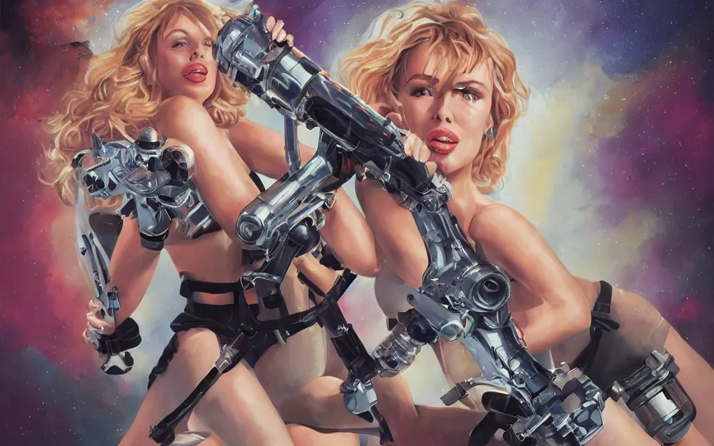 Image similar to kylie minogue as barbarella. floating through an airlock, holding a raygun. soft lighting. glamorous. sophisticated. hyper detailed painting. trending on artstation. cinematic.