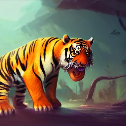 Image similar to adorable glowing tiger, trending on art station, cute, big eyes, matte painting, concept art, pixar, disney, highly detailed, cinematic composition, unreal engine, sharp focus, realistic