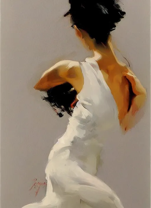 Prompt: sensual tango dancer girl in white dress, painting by phil hale, fransico goya,'action lines '!!!, graphic style, visible brushstrokes, motion blur, blurry, visible paint texture, crisp hd image