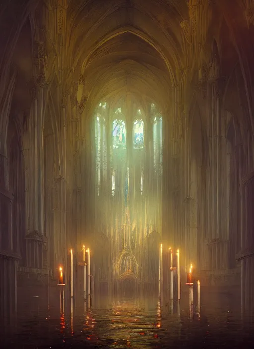 Prompt: Detailed Interior of a flooded cathedral, light of god, light shafts, candles, stunning atmosphere, in Style of Peter Mohrbacher, cinematic lighting