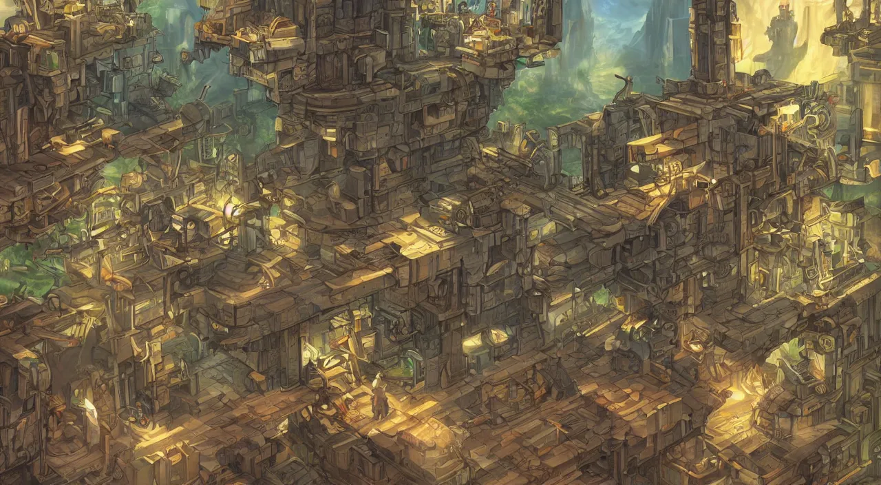 Image similar to open door wood wall fortress airship greeble block amazon jungle vanillaware fanart arstation by sung choi and eric pfeiffer and gabriel garza and casper konefal