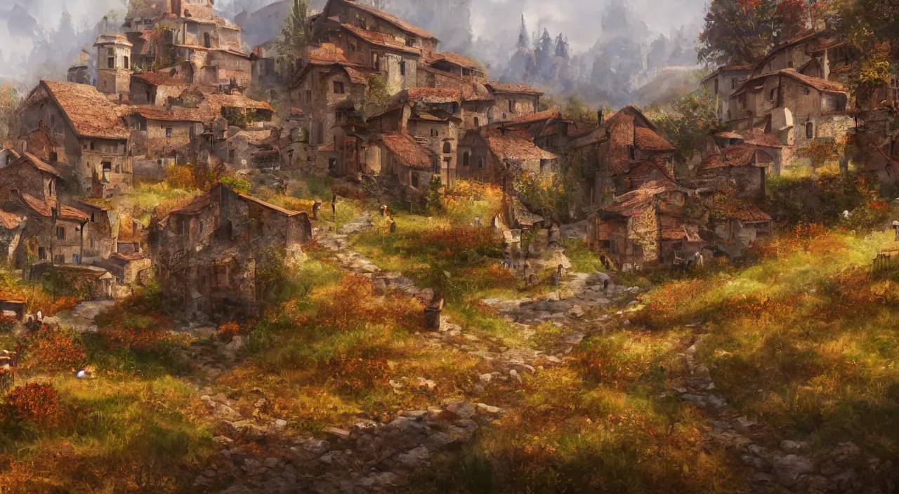 Image similar to high quality concept art from a historical fiction video game set in italy, a village in autumn, beautiful oil painting, concept art, trending on ArtStation, 4K HD, 35mm f/5.0