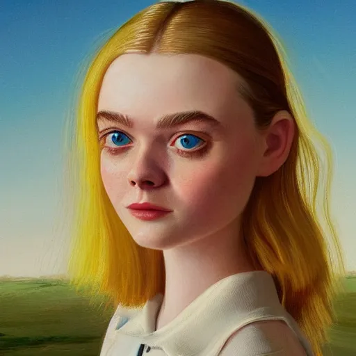 Prompt: professional painting of Elle Fanning in the style of Scott Listfield, head and shoulders portrait, symmetrical facial features, smooth, sharp focus, illustration, intricate, stormy weather, extremely detailed masterpiece,