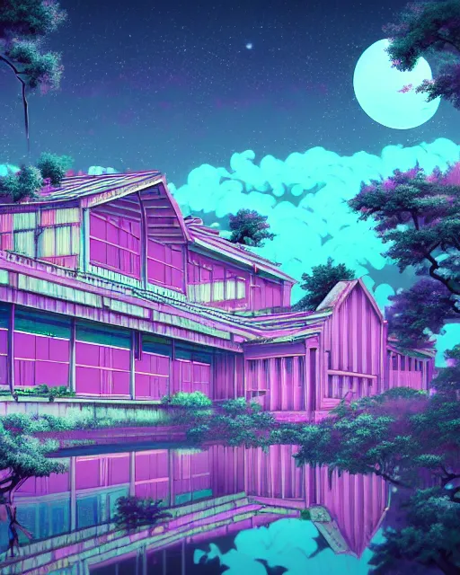 Image similar to a beautiful very detailed anime illustration of nature chalet industrial architecture abandoned urbex building architecture by martin johnson heade, architecture island flowers forest galactic neon noir infrared vice city thermal imaging, archdaily, wallpaper, highly detailed, trending on artstation.