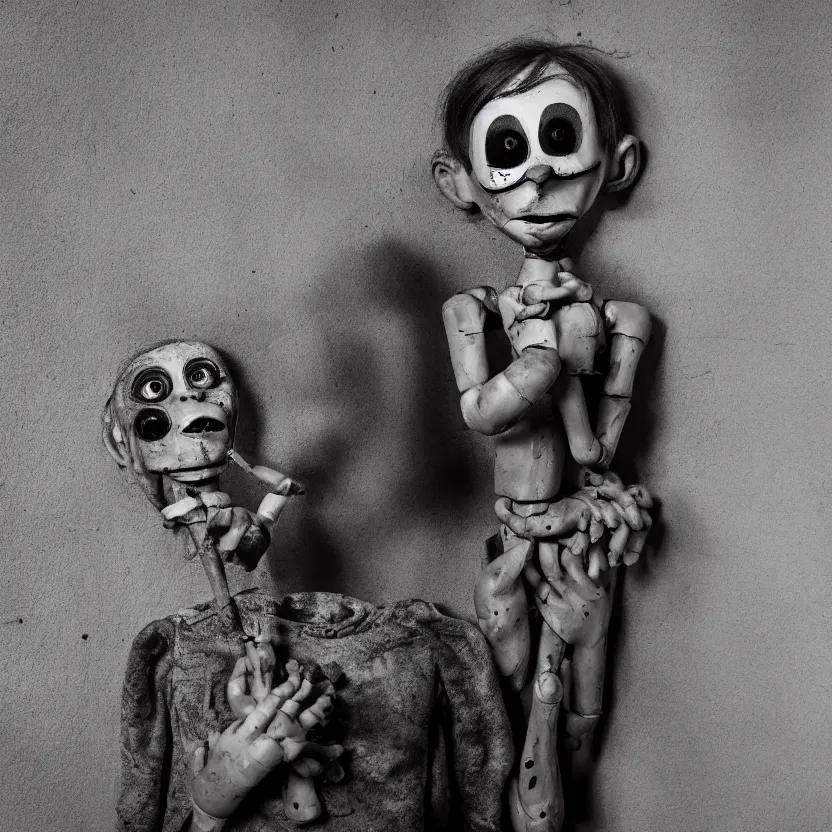 Image similar to creepy ventriloquist dummy in the style of roger ballen, 4 k, bw, portrait