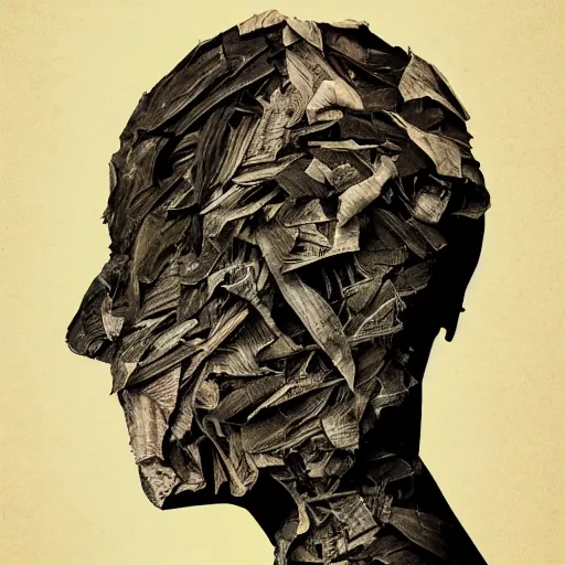 Prompt: face shredded like paper peeling, dark, surreal, illustration, by ally burke