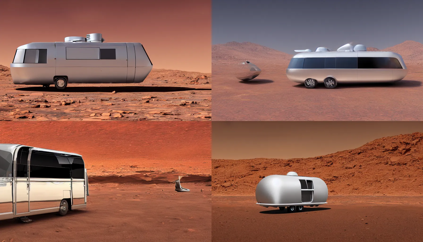 Prompt: professional photograph of a beautiful futuristic chrome Winnebago designed by Buckminster Fuller in a picturesque desert on Mars. The Winnebago is floating, and has no wheels. Astronauts are standing nearby, racking focus, extreme panoramic, Dynamic Range, HDR, chromatic aberration, Orton effect intricate, elegant, highly detailed, artstation,