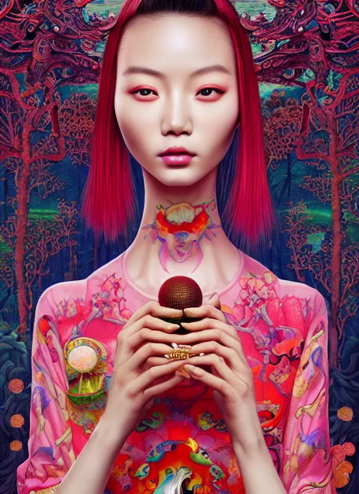 Image similar to pretty chinese model with hallucination mushroom : : by martine johanna and simon stalenhag and chie yoshii and casey weldon and wlop : : ornate, dynamic, particulate, rich colors, intricate, elegant, highly detailed, centered, vogue, harper's bazaar art, fashion magazine, smooth, sharp focus, octane render, 8 k