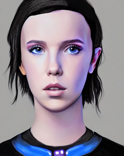 Prompt: digital art portrait of cyberpunk millie bobby brown
