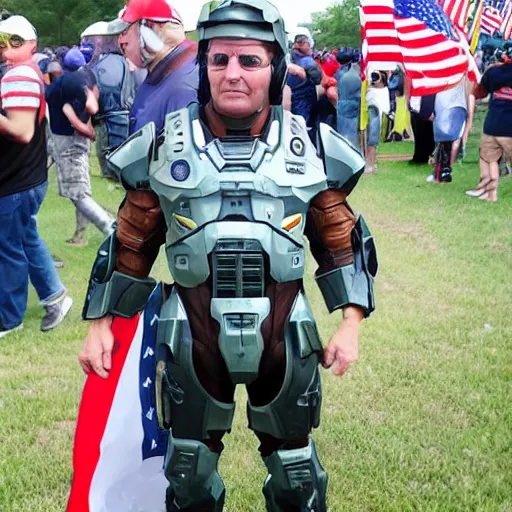 Prompt: master chief at a maga rally