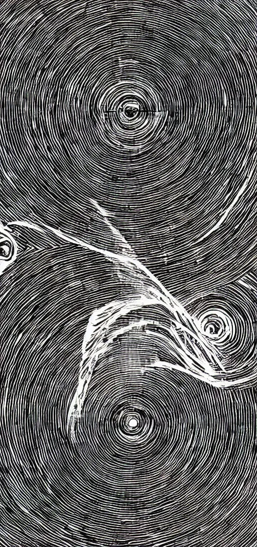 Image similar to A black hole with event horizon in the center with space around it, high detail, Junji Ito