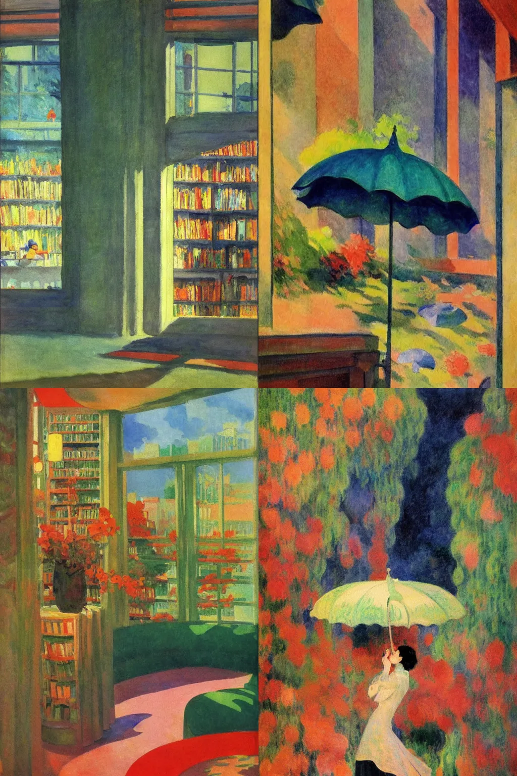 Prompt: impressionist watercolor painting by Claude Monet, surrealist secret lusciously botanical underground library by Edward Hopper, by Dean Ellis, by Sonia Delaunay, by Jean Giraud, 1942, fisheye lens