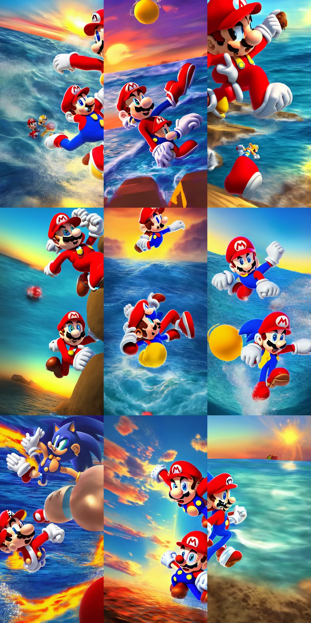 Prompt: a beautiful rendered picture of a sonic power slamming mario from instagram in the ocean at sunset by Nick Silva, trending on artstation, 8k